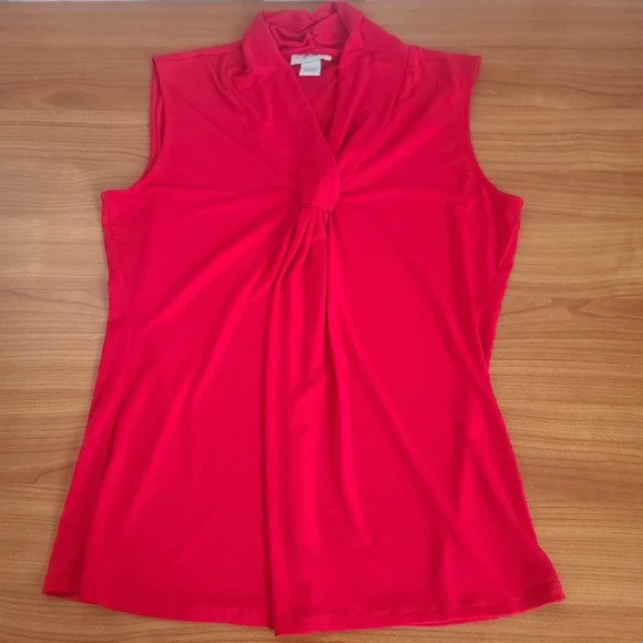 Carmen Marc Valvo Red Sleeveless Blouse Twist Front Draped Neckline Sz M V- Neck - Picture 3 of 7